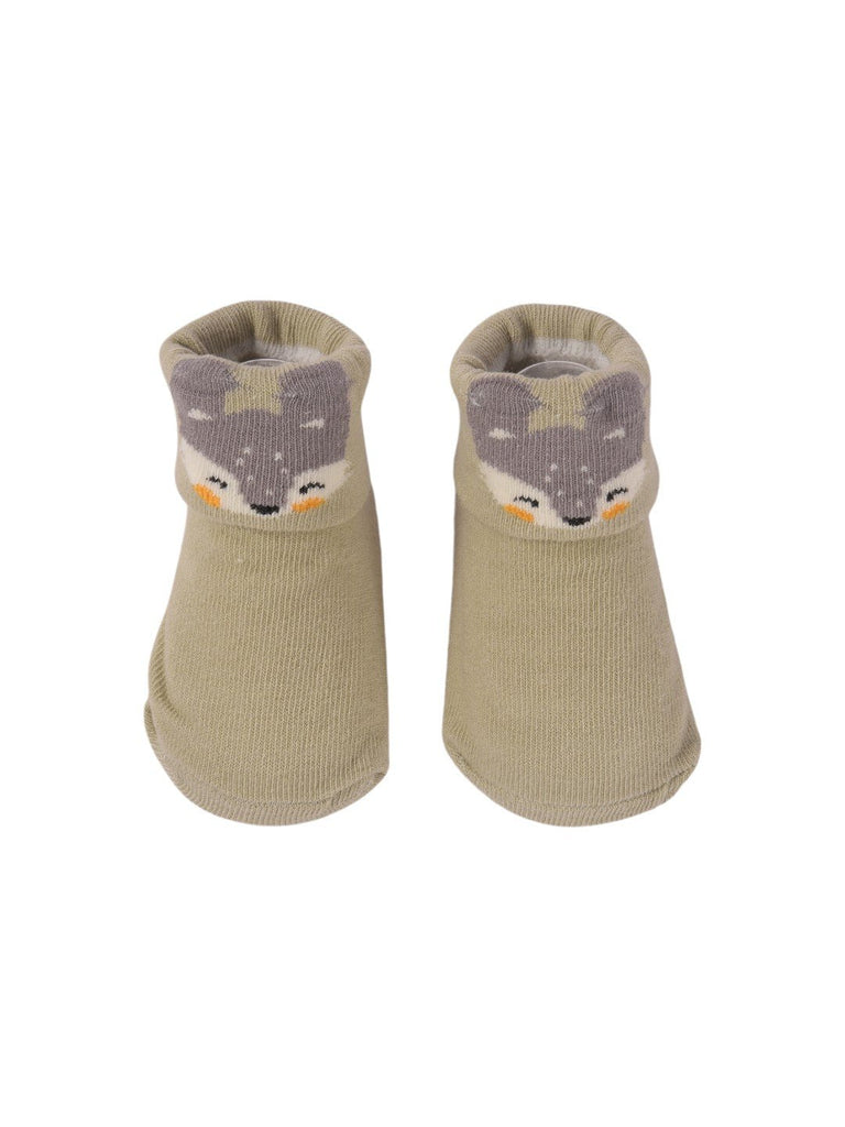 Top view of Grey Baby Booties with 3D Fox Face, showing the elastic cuffs and soft fabric for a snug fit.