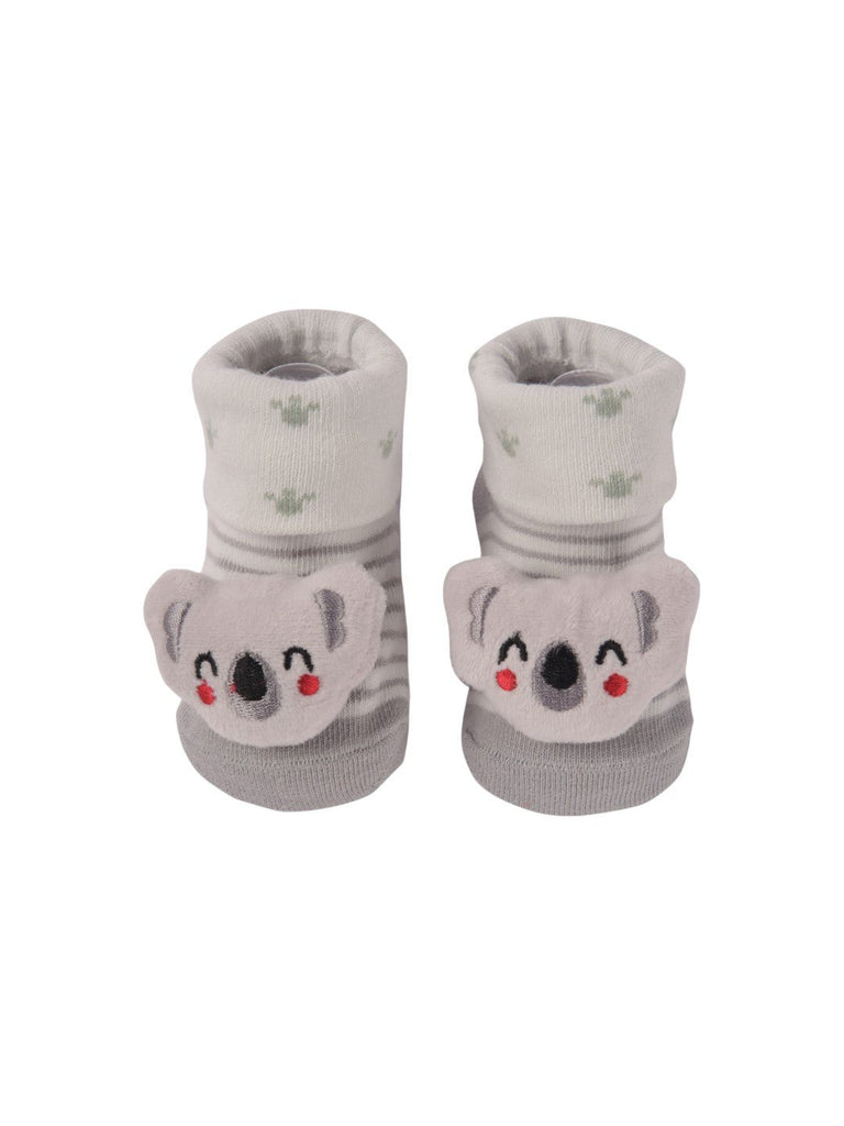 Top view of Grey Baby Booties with 3D Koala Face, featuring the elastic cuff and soft fabric.