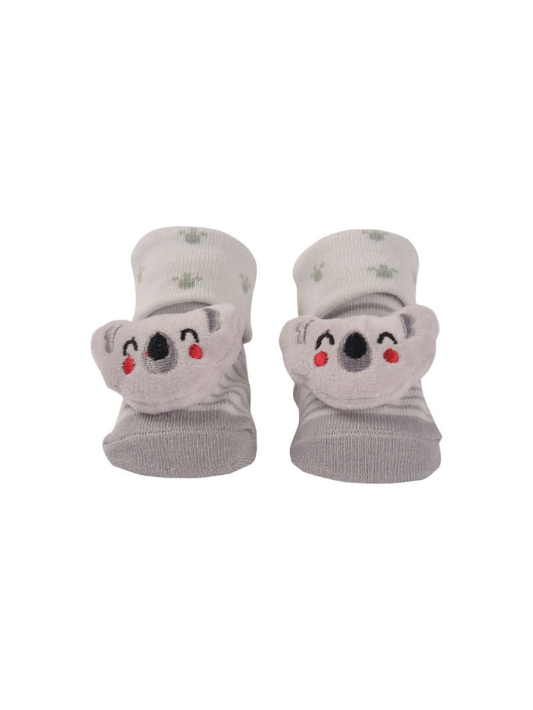 Front view of Grey Baby Booties with 3D Koala Face, showcasing the adorable and playful design.