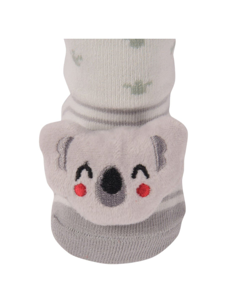 Close-up view of Grey Baby Booties with 3D Koala Face by Yellow Bee, showcasing the soft design.