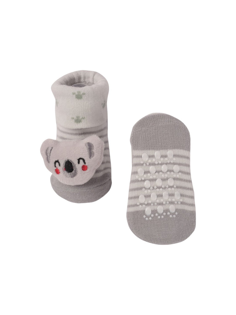 Front and back view of Grey Baby Booties with 3D Koala Face, highlighting the anti-slip soles.