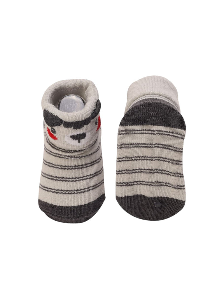 Front and  Back of Grey Striped Baby Booties with 3D Bear Face