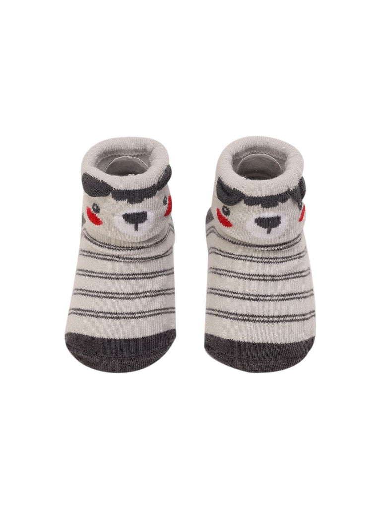 Top View of Grey Striped Baby Booties with 3D Bear Face