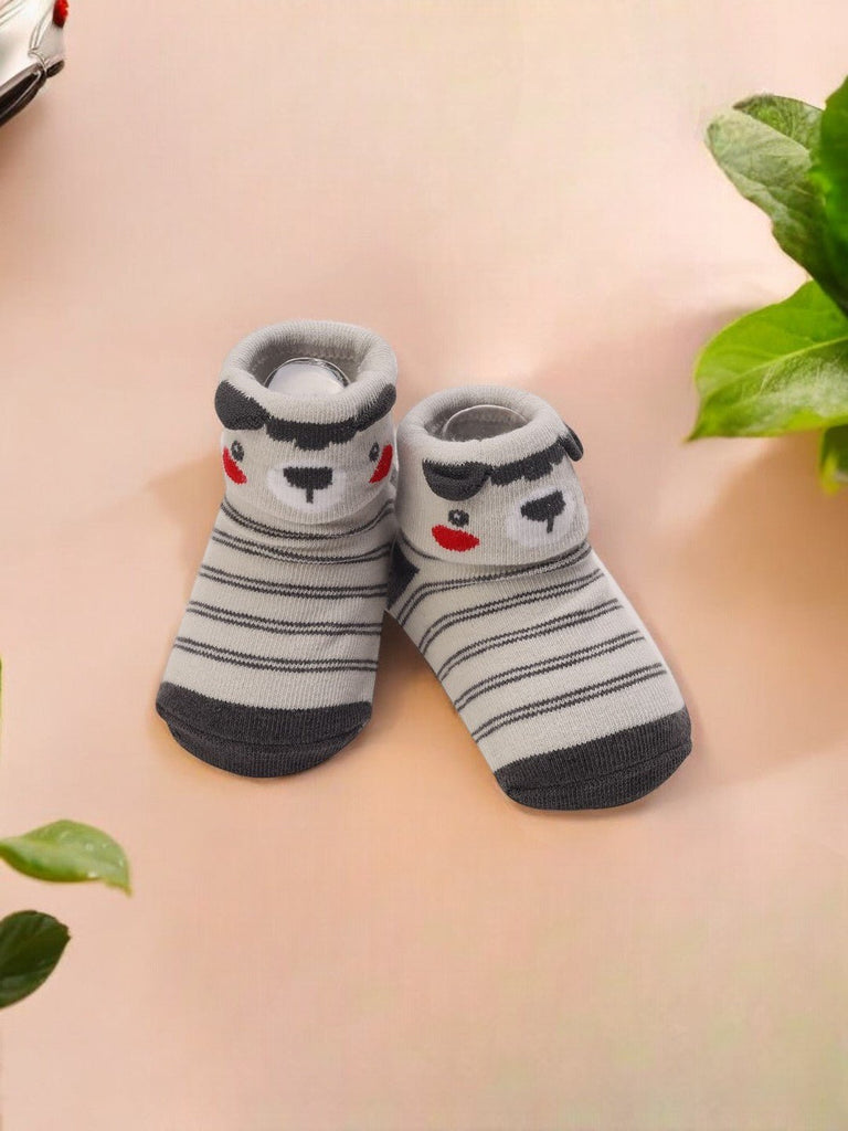 Grey Striped Baby Booties with 3D Bear Face – Creative View