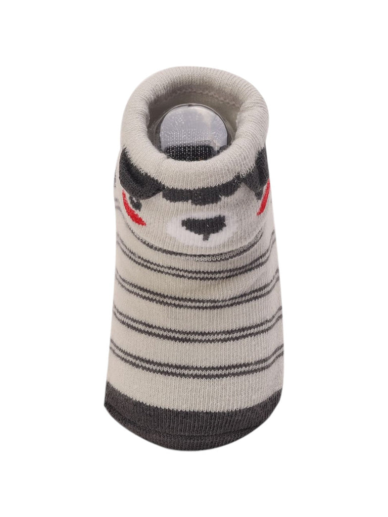 Closeup of Grey Striped Baby Booties with 3D Bear Face