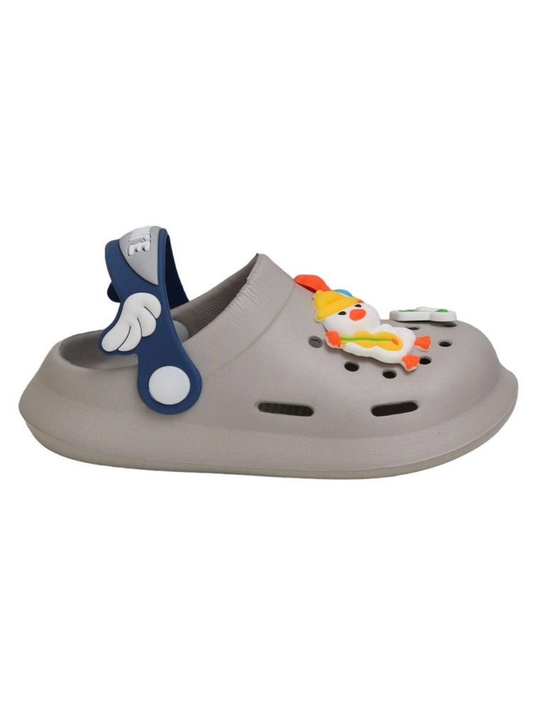 Side view of Yellow Bee's grey clogs with secure fit and cheerful music and snowman motifs