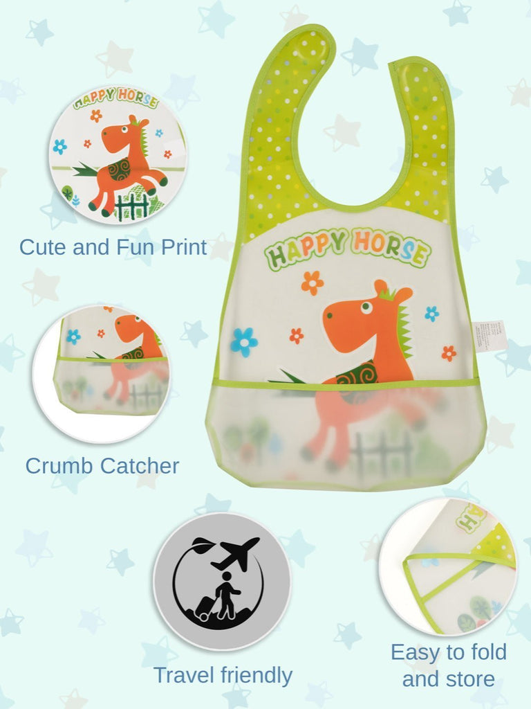 Detailed Infographic View of Happy Horse Waterproof Baby Bib with Crumb Catcher Pocket