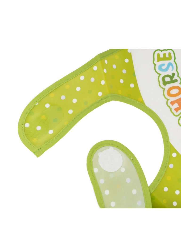 Closeup of Happy Horse Waterproof Baby Bib with Green Polka Dot Trim