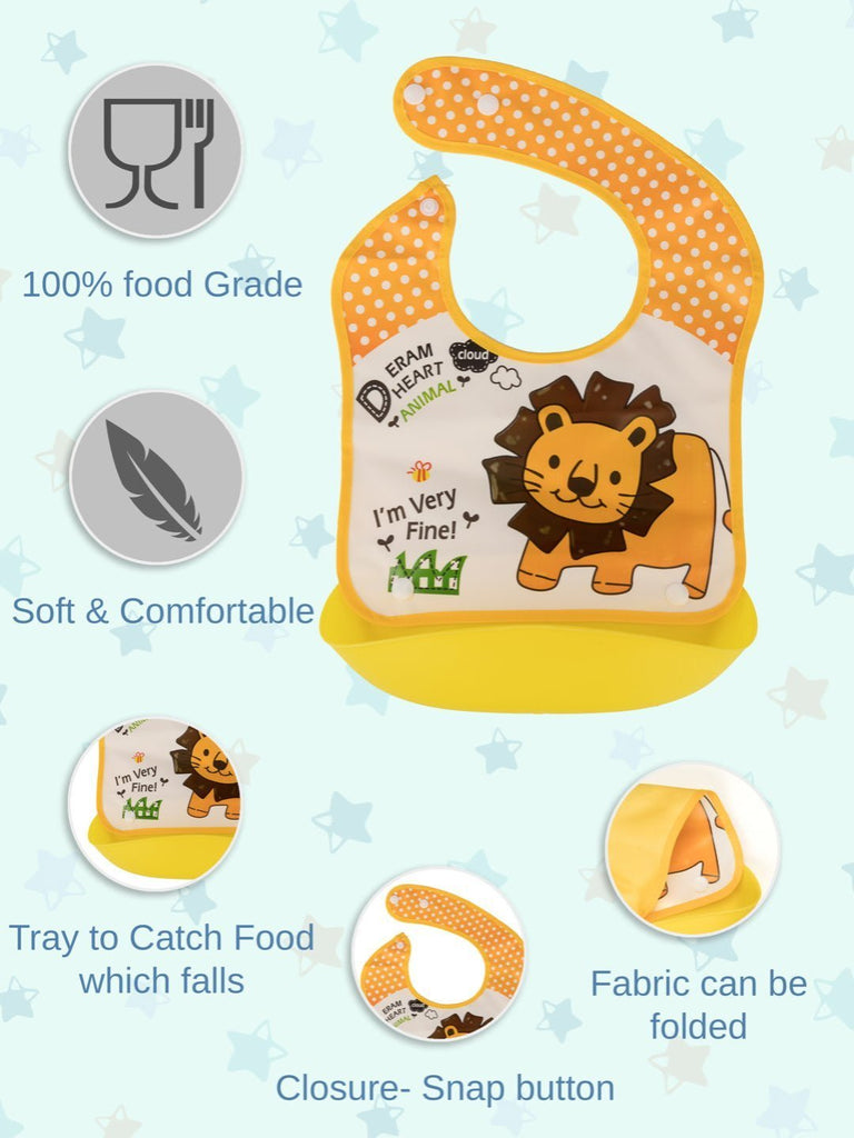 HappyLionBabyBibwithYellowPolkaDotTrimandSpillCatchPocket_WaterproofDesignDetailedInforgraphicView