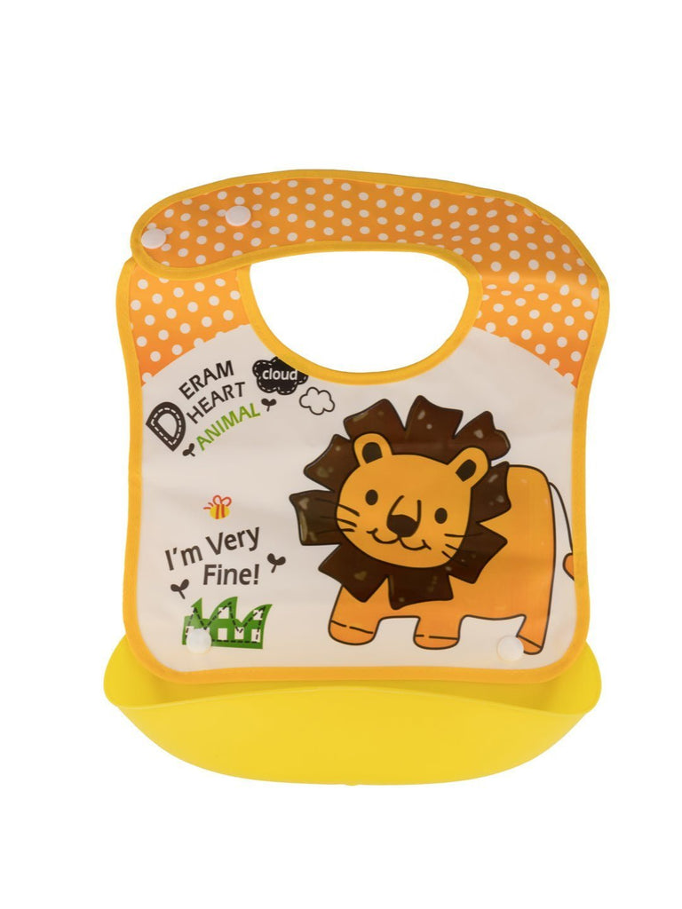 HappyLionBabyBibwithYellowPolkaDotTrimandSpillCatchPocket_WaterproofDesignFullView