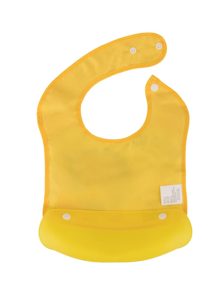 HappyLionBabyBibwithYellowPolkaDotTrimandSpillCatchPocket_WaterproofDesignBackView