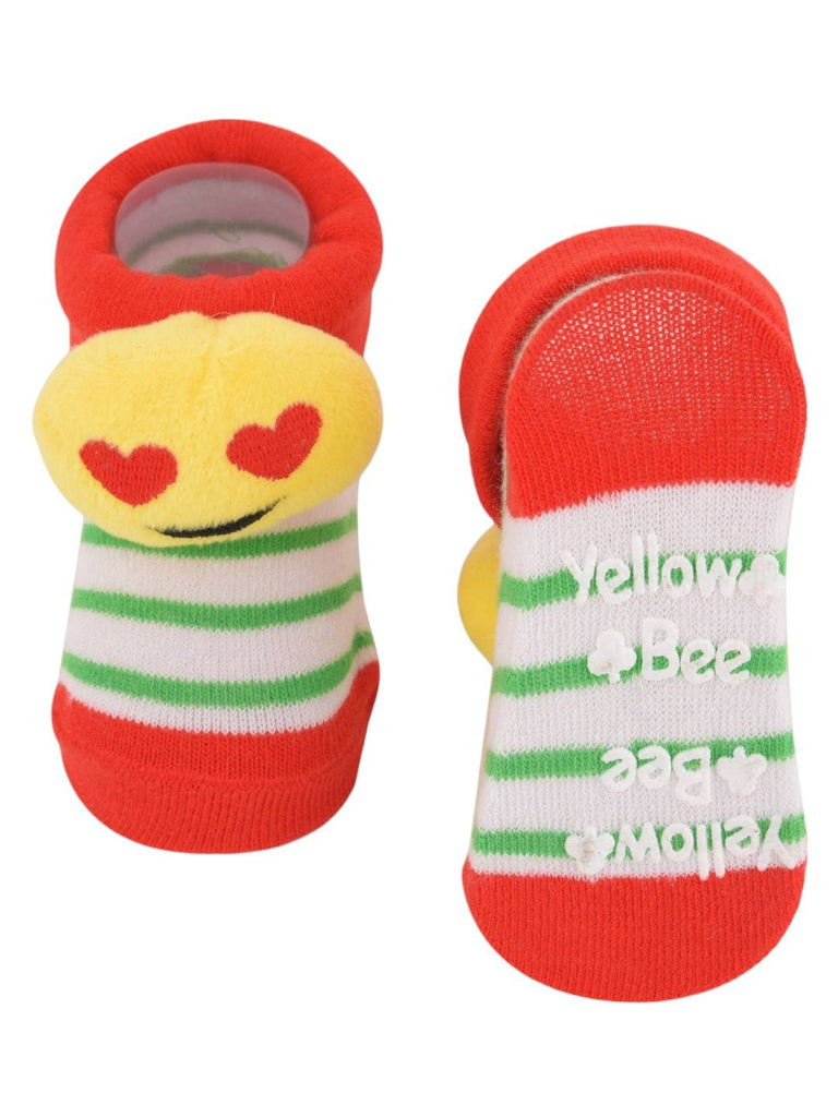 Front and back view of Heart-Eyes Emoji Plush Socks with red stripes, displaying the vibrant plush emoji design and non-slip sole.