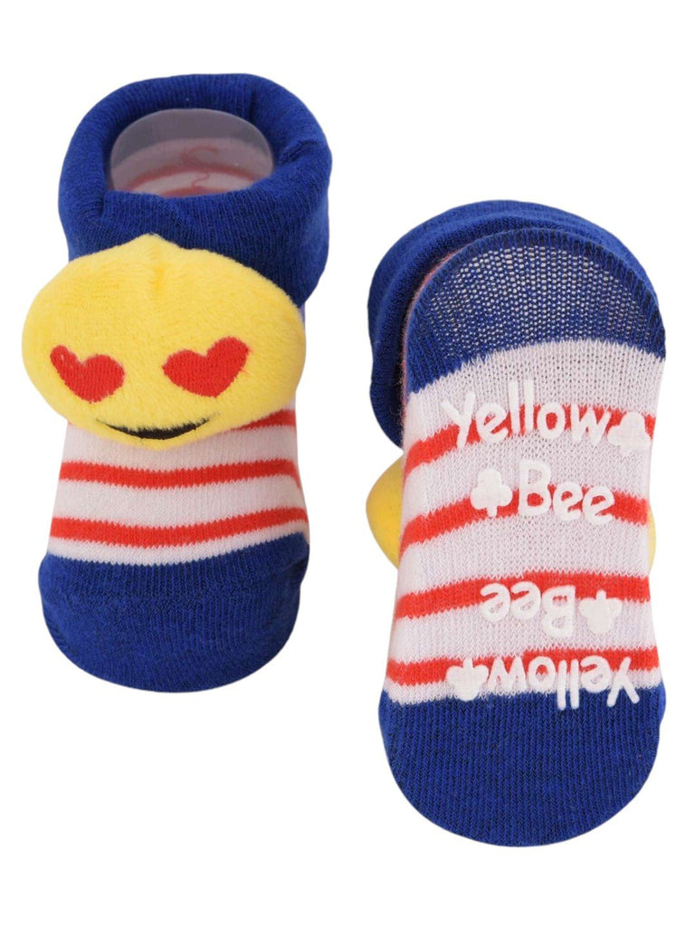 Front and back view of Heart-Eyes Emoji Plush Socks with blue stripes, displaying the vibrant plush emoji design and non-slip sole.