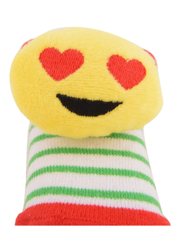 Zoom view of Heart-Eyes Emoji Plush Socks with green stripes, highlighting the detailed heart-eyes plush emoji on top.