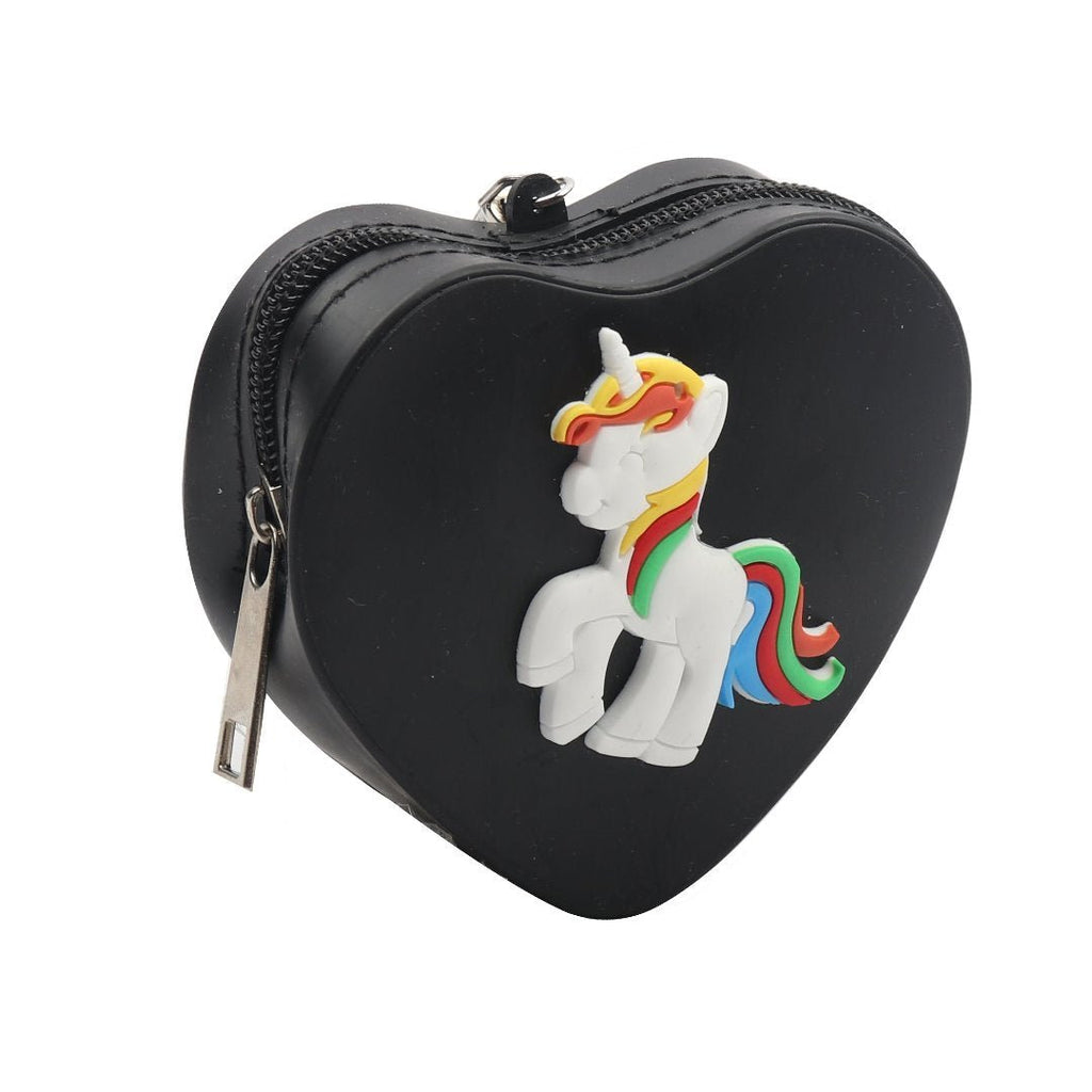 Full view of the Heart-Shaped Black Coin Pouch showcasing the vibrant unicorn design.