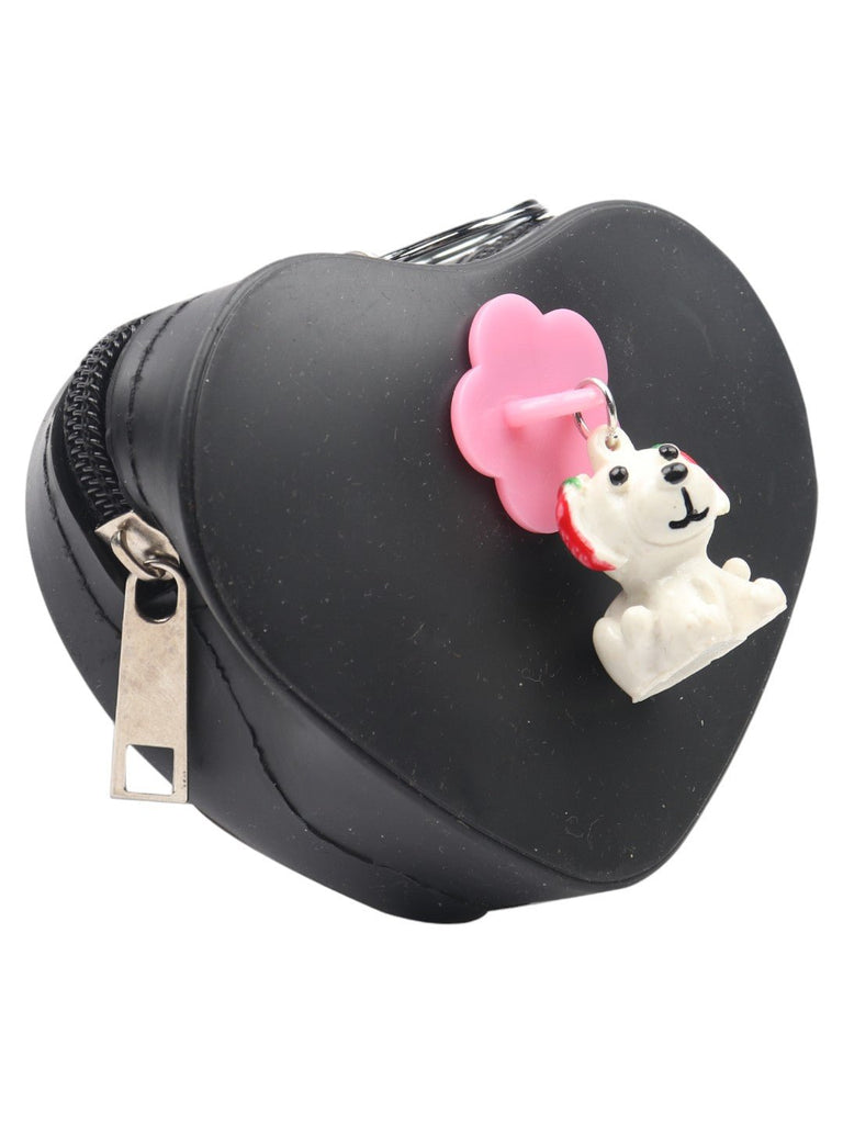 Heart-Shaped_Black_Coin_Pouch_with_Cute_Puppy_Charm_and_Pink_Flower_Front_View