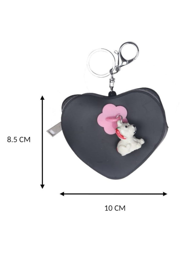 Heart-Shaped_Black_Coin_Pouch_with_Cute_Puppy_Charm_and_Pink_Flower_In_Details