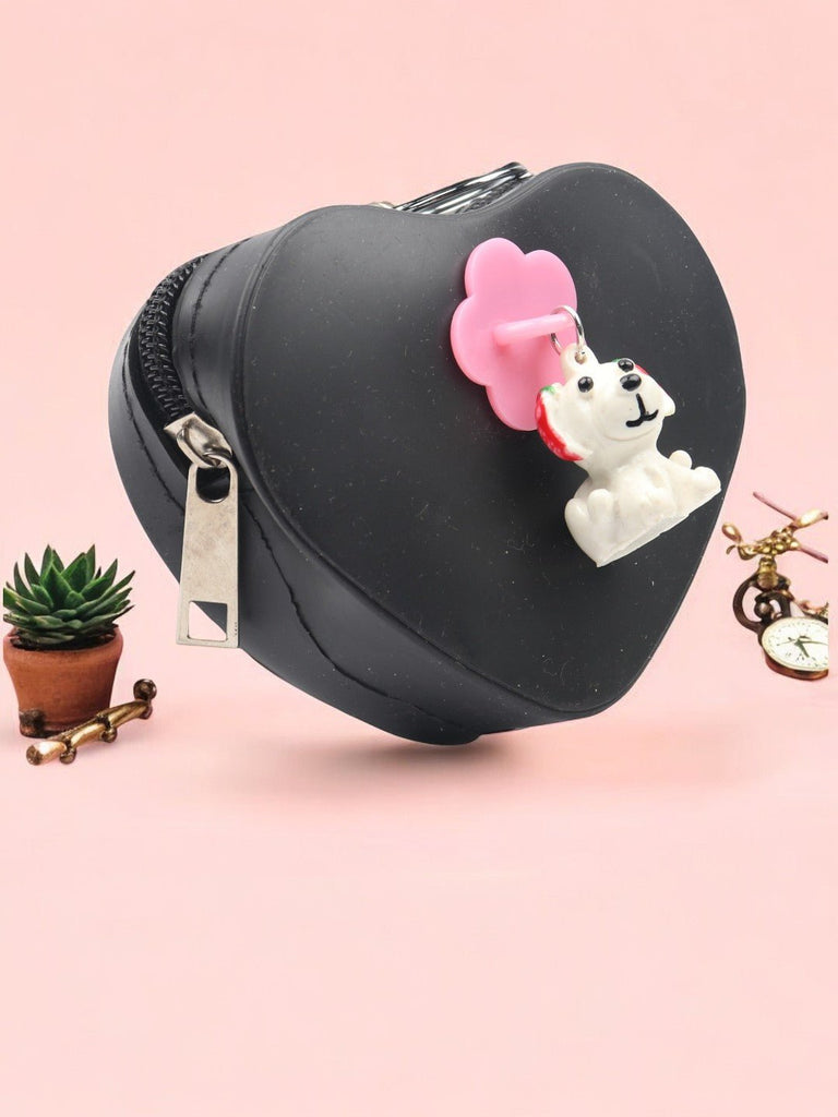 Heart-Shaped_Black_Coin_Pouch_with_Cute_Puppy_Charm_and_Pink_Flower_Creative_View