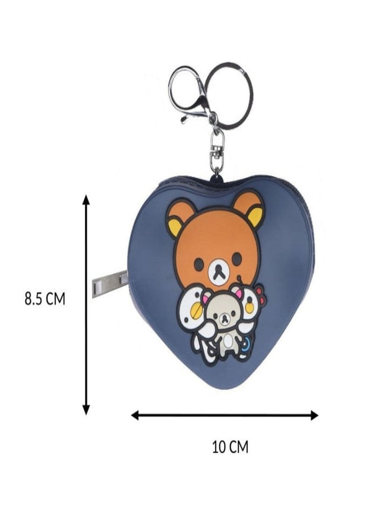 Heart-shaped blue coin pouch with measurements 8.5 cm by 10 cm.