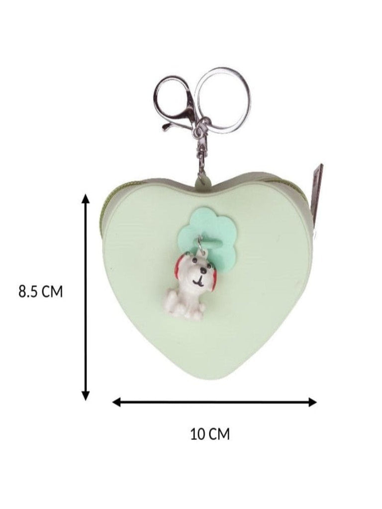 Measurement view of heart-shaped green coin pouch with puppy charm and mint flower accent, showing dimensions.