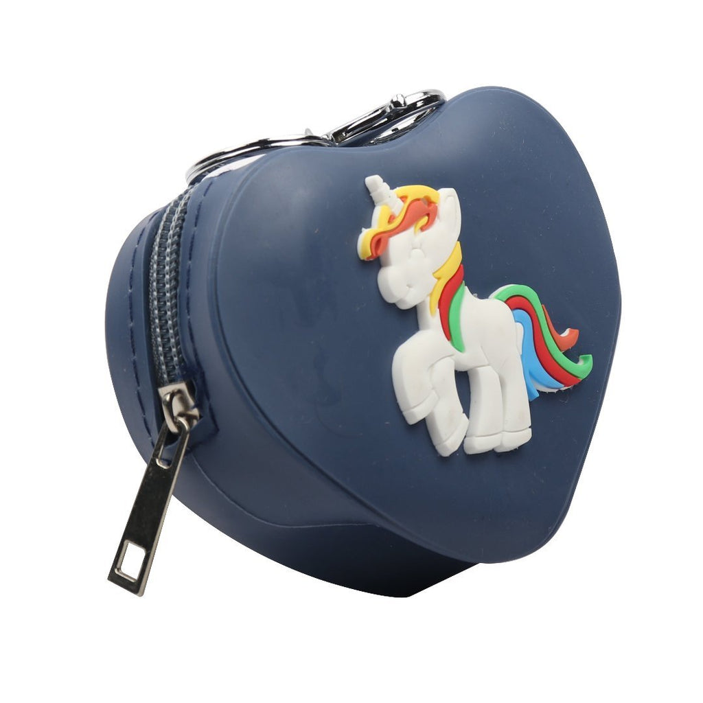  Full view of the Heart-Shaped Navy Coin Pouch showing its heart-shaped structure and vibrant unicorn.