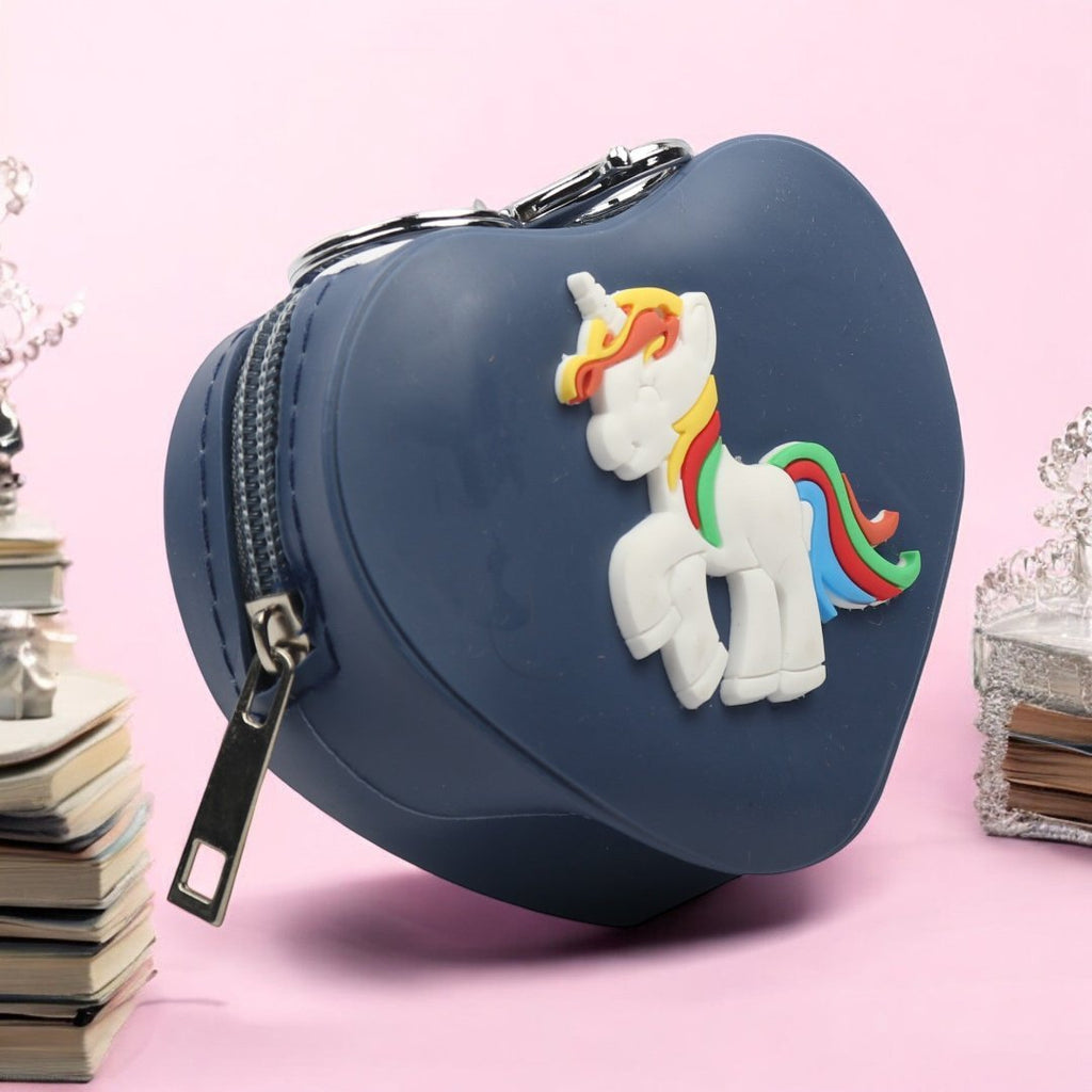 Heart-Shaped Navy Coin Pouch featuring a colorful unicorn design in a creative display.