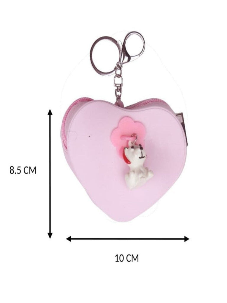 Measurement view of heart-shaped pink coin pouch with puppy charm.