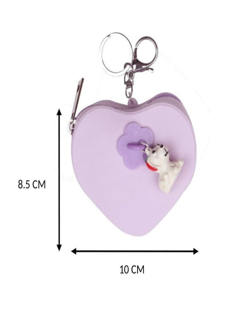 Measurement view of heart-shaped purple coin pouch with puppy charm .