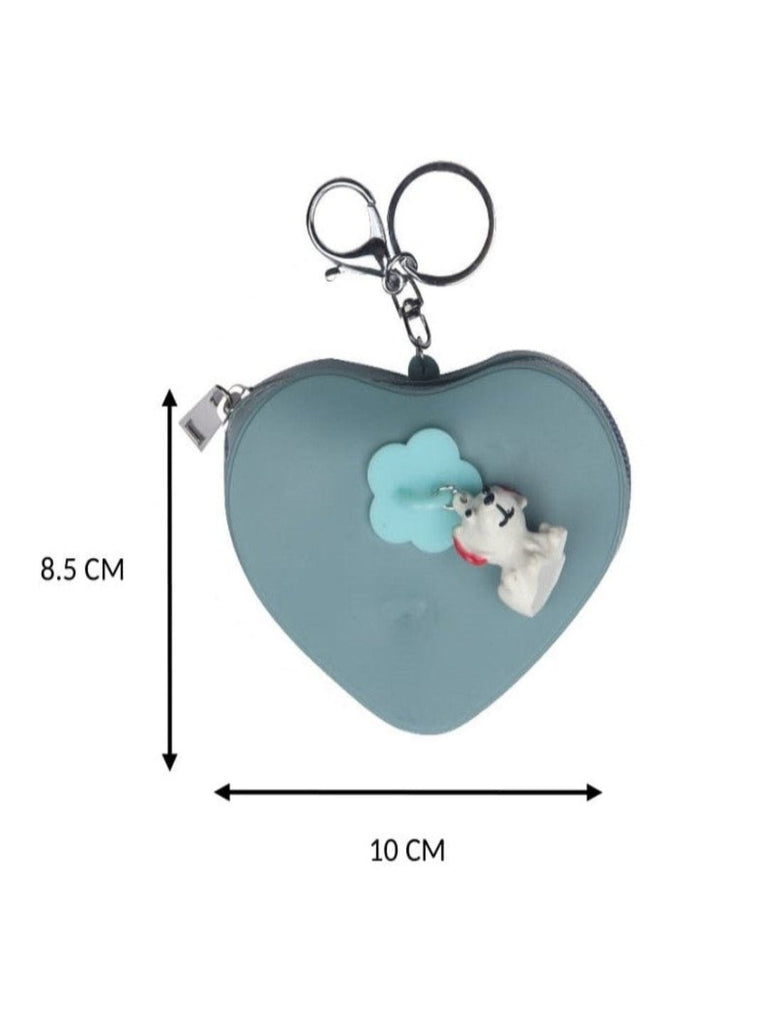 Measurement view of heart-shaped teal coin pouch with playful puppy charm.