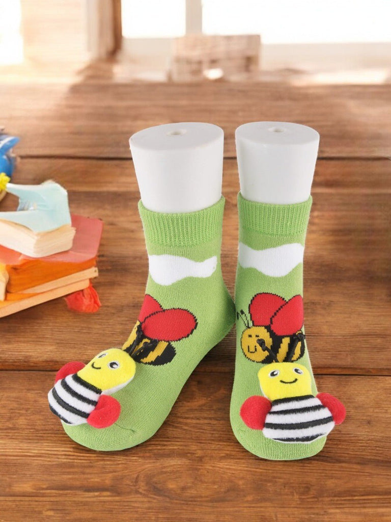 Green Honey Bee Stuffed Toy Socks with 3D Bee Design on White Background