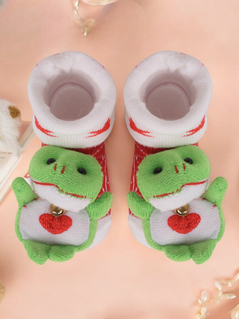 Pair of Frog Stuffed Toy Socks with White Cuff and Red Stripes on White Background