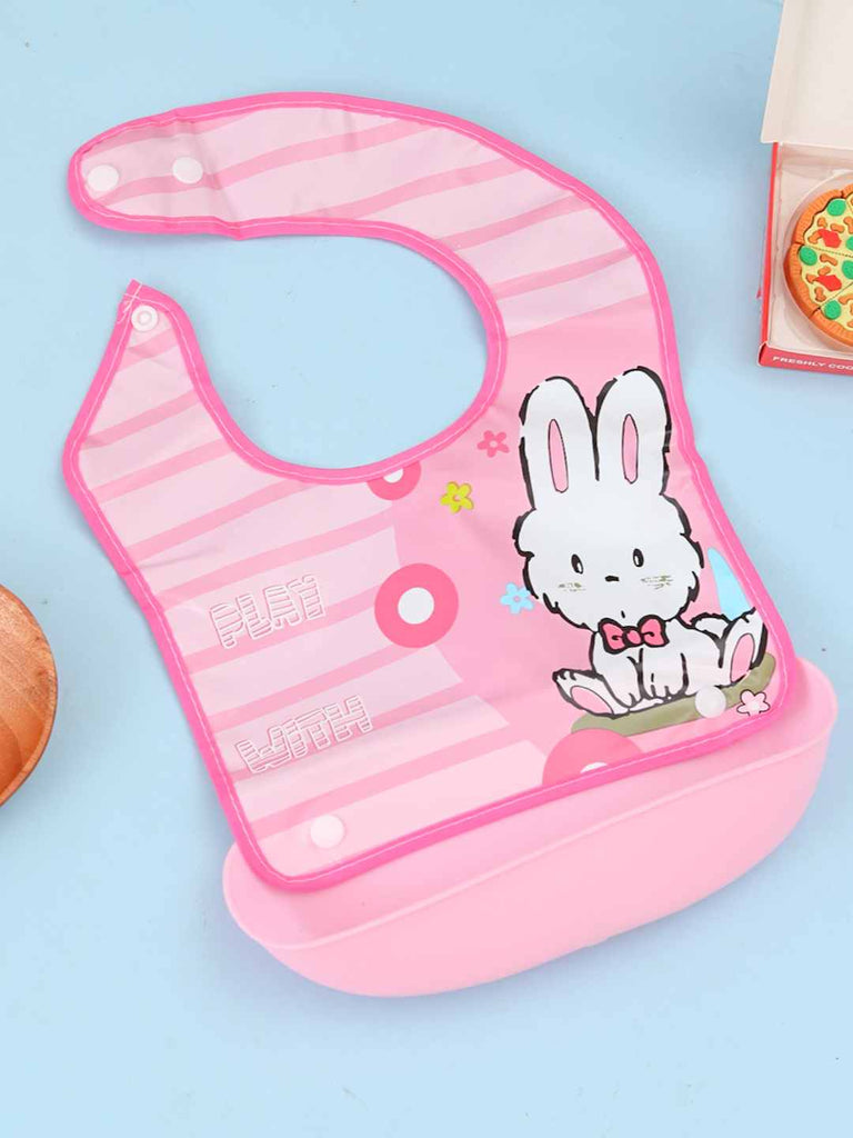 HoppyDaysBabyBib_PinkFeedingBibwithCuteBunnyPrintandCatcherPocket-CreativeView