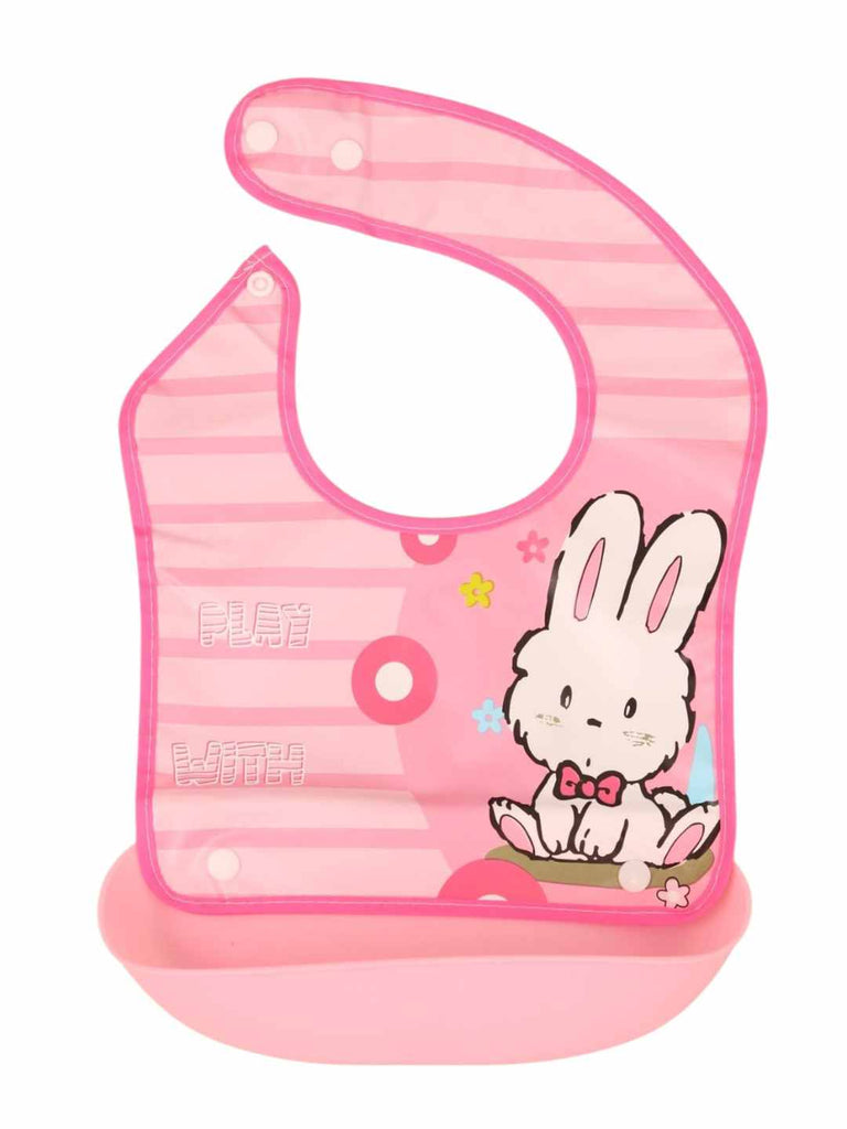 HoppyDaysBabyBib_PinkFeedingBibwithCuteBunnyPrintandCatcherPocket-FrontView