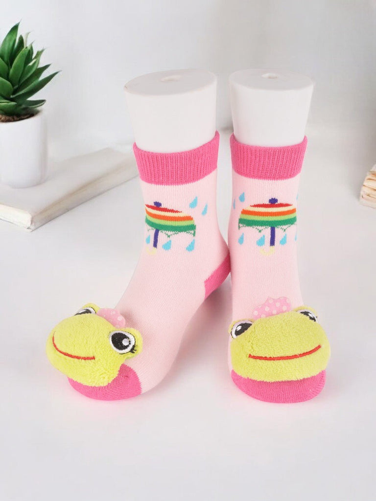 Pair of kid's socks with frog toy detail and colorful heart pattern - front and back view.