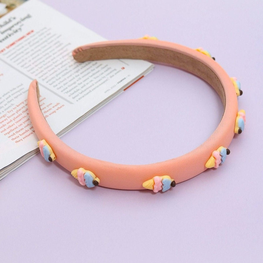 Full display of Yellow Bee's Peach Ice Cream Embellished Hair Band, highlighting its playful design.