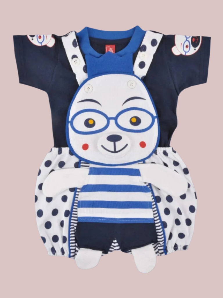 Creative view of Jaybee Adorable Bear Design Blue Dungaree with Polka Dot and Navy T-Shirt for Boys.