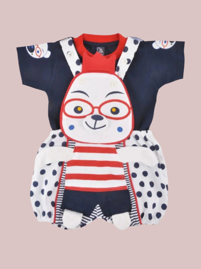 Creative view of Jaybee Adorable Bear Design Red dungaree with Blue Polka Dot and Navy T-Shirt for Boys.