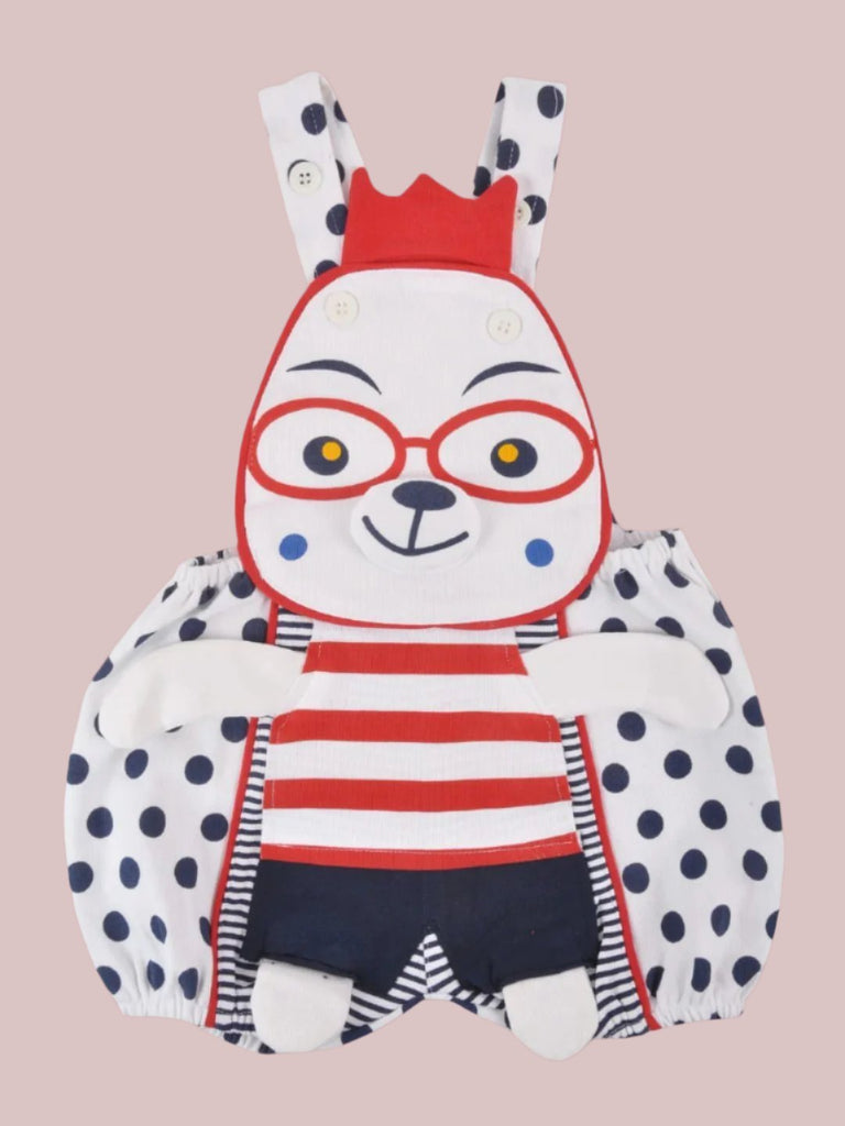 Front view of Jaybee Adorable Bear Design Red dungaree with Blue Polka Dot and Navy T-Shirt for Boys.