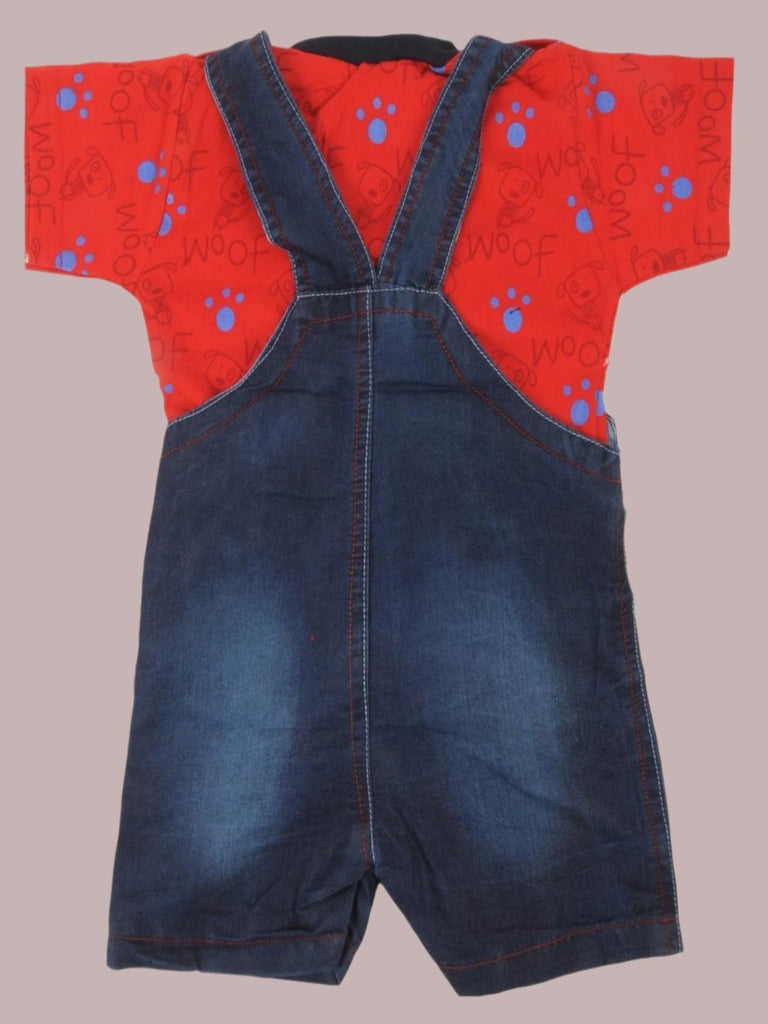 Back view of Jaybee Adorable Puppy Design Dungaree with Red T-Shirt for Boys.