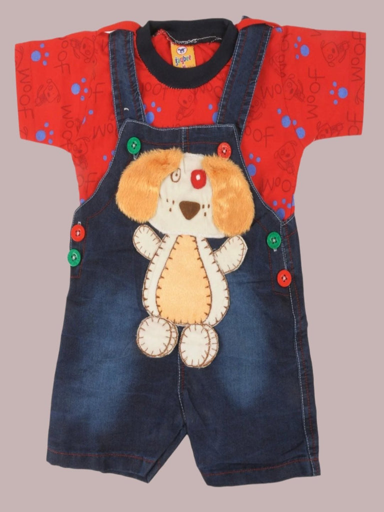 Creative view of Jaybee Adorable Puppy Design Dungaree and Red T-Shirt for Boys.