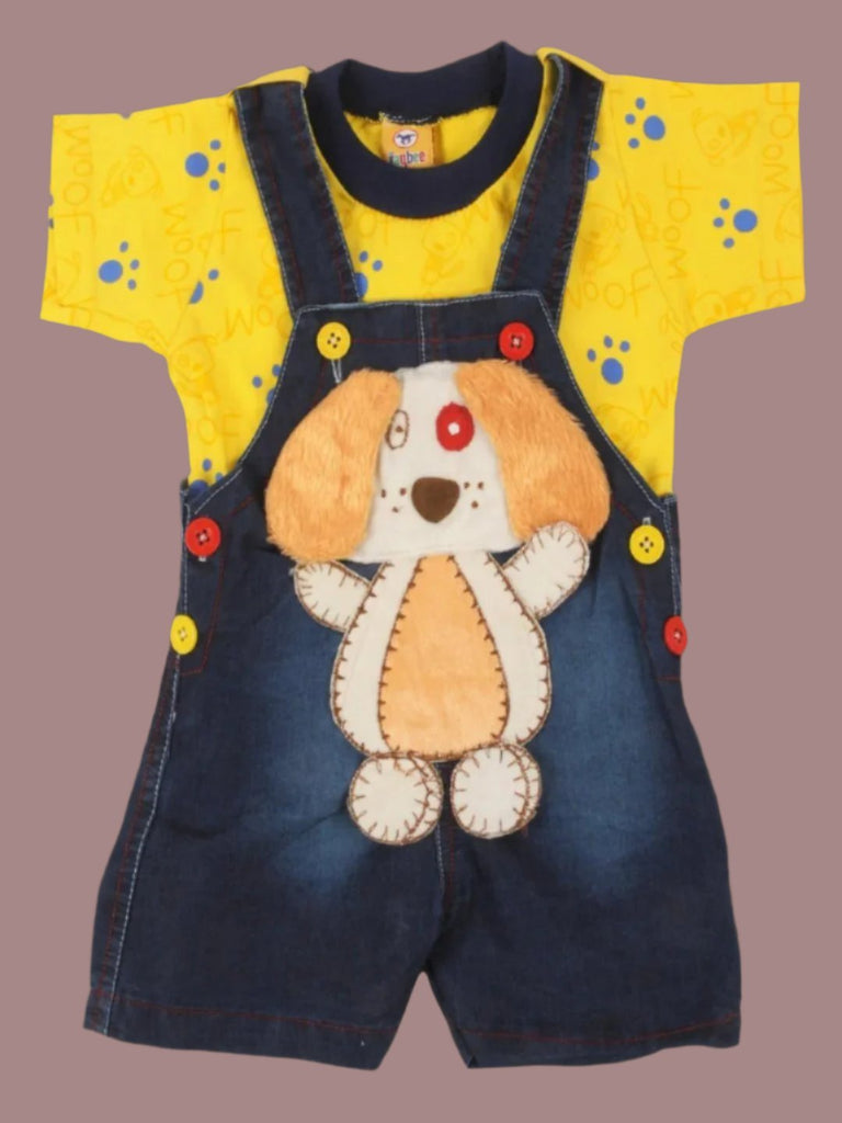  Full view of Jaybee Adorable Puppy Design Yellow Dungaree and matching yellow t-shirt for Boys.