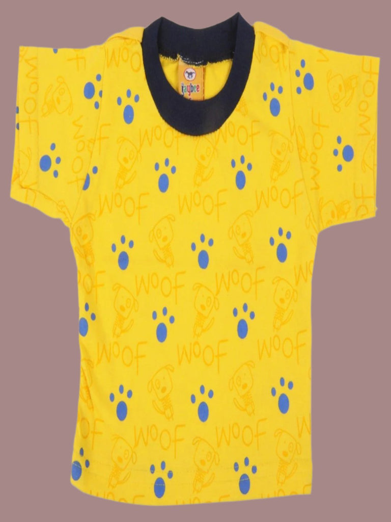 Yellow T-shirt view from Jaybee Adorable Puppy Design Yellow Dungaree set for Boys.