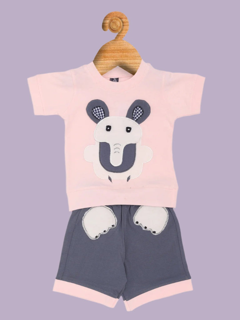 Baby Girls’ Elephant Appliqué T-Shirt and Shorts Set in Pink and Grey Full View