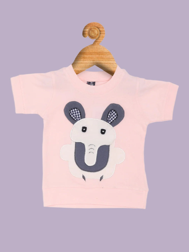 Front View of Baby Girls’ Elephant Appliqué T-Shirt in Pink