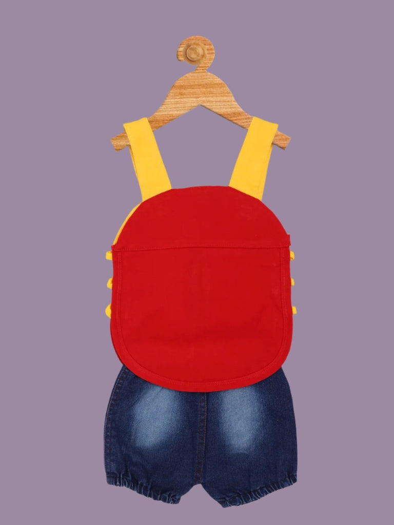 Back view of Baby Ladybug Dungaree Set  Red and Yellow Overalls with Denim Shorts.