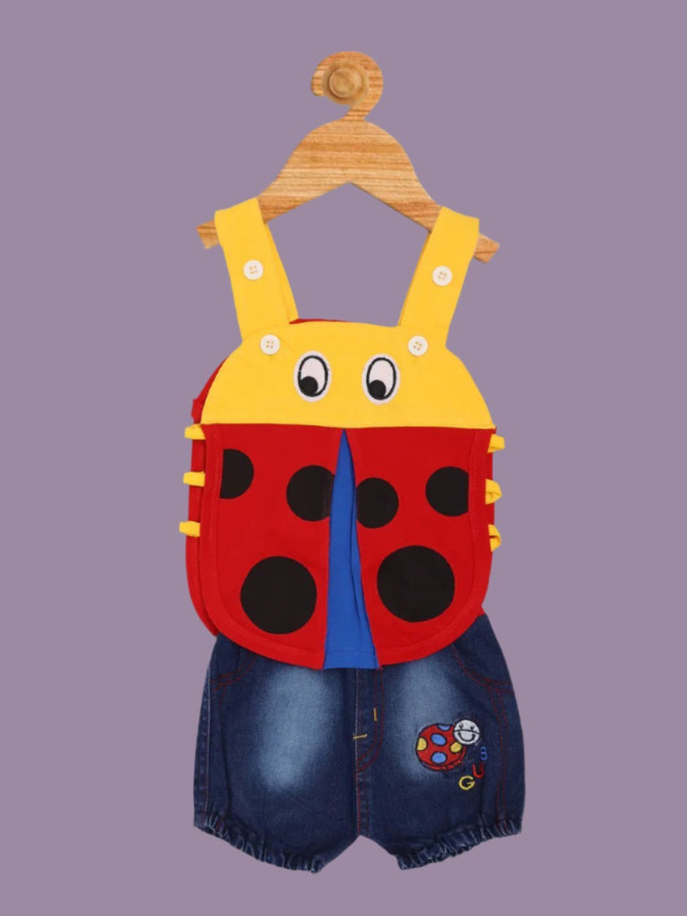 Full view of Baby Lady bug Dungaree Set Red and Yellow Overalls with Denim Shorts.