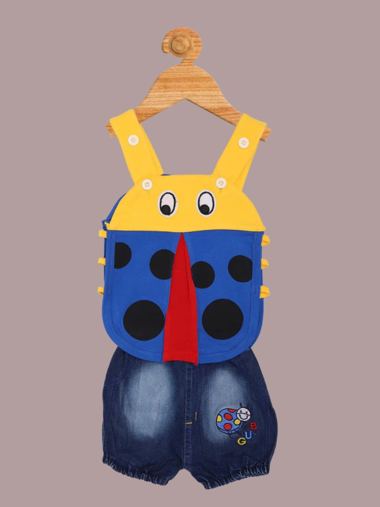 Front view of Baby Ladybug Themed Dungaree Set  Yellow and Blue Overalls with Denim Shorts.