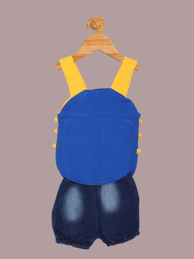 Back view of Unisex Baby Ladybug Themed Dungaree Set  Yellow and Blue Overalls with Denim Shorts.