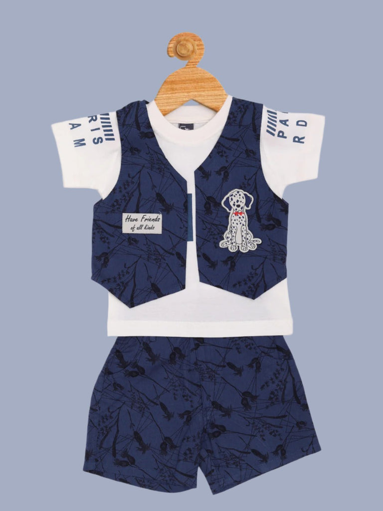 Front view of Boys 2 Piece Dalmatian Vest and Shorts Set in navy blue and white, showing the vest and tshirt design.