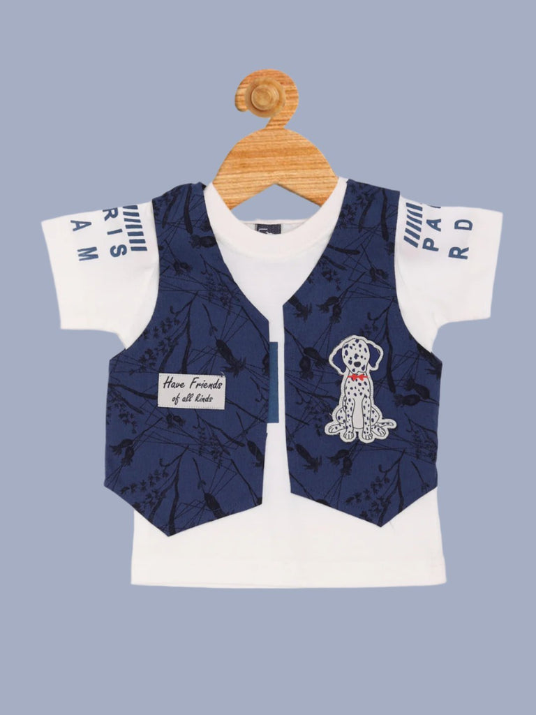 Detailed view of the navy blue shorts from the Boys 2 Piece Dalmatian Vest and Shorts Set, showcasing the print and button detail